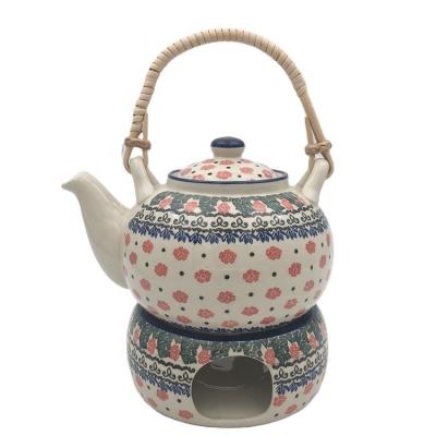 China Sustainable Poland style hand painted ceramic teapot with heater for drinking for sale