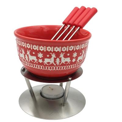 China Christmas Viable Collection Popular Ceramic Chocolate Cheese Fondue Set With Forks for sale