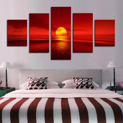 China Waterproof+ECO-Friendly Modular Home Decor 5 Pieces Red Seascape Poster Sea Sun Sunset Red Wall Art Canvas Paintings for sale