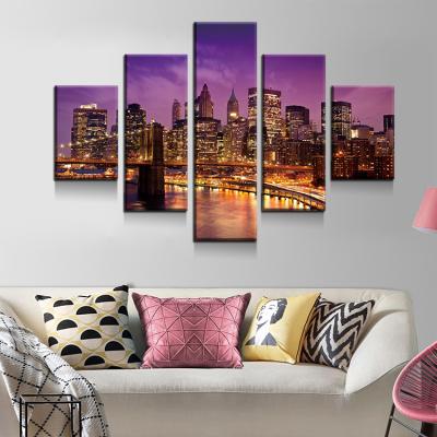 China High Building Modern City Night Light Landscape 5 Paintings Canvas Wall Art Set Printed Decor Painting for sale