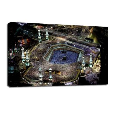 China Mecca Religious Architecture Modern Sacred Landscape Living Room Islamic Canvas Print Led Light Wall Decor for sale