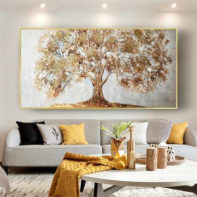 China 100% Hand Painted Modern Abstract Landscape Oil Paintings On Canvas Wall Art Golden Tree Pictures for sale