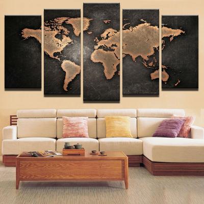 China Waterproof+ECO-Friendly HD Abstract Canvas Poster 5 Pieces Retro World Map Decoration Pictures Modular Wall Art Maps Paintings for sale