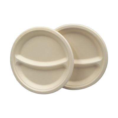 China MAOCHUN 10 Inch 3 Compartments Sugar Cane Bagasse Disposable Food Trays, Waterproof Paper Plate with Competitive Price for sale