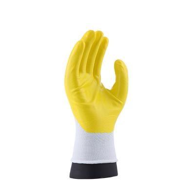 China Wearable comfort; CE 13G Good Environmental Guantes White Wet And Oily Coating Yellow Nitrile Grip Coated Anti Abrasion Anti Slip Work Protective Gloves for sale