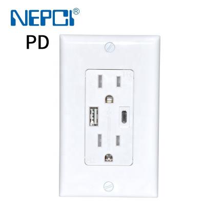 China 2-Port USB Residential/General Purpose Wall Outlet 15 Amp Receptacle with USB Type A and PD Type C Ports ETL Listed Flush or Outdoor Mount XJY-USB-30-PD-A/C for sale