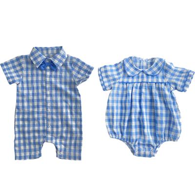 China Protect Baby Boy 2022 Baby Plaid Romper Worked Collar Bowknot Baby Clothes Short Shirt Baby Boys Sleeve Rompers for sale