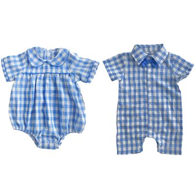 China Protect Baby Cute Plaid Baby Clothes Romper Doll Collar Babies Cotton Short Sleeve Baby Onesie Rompers for sale