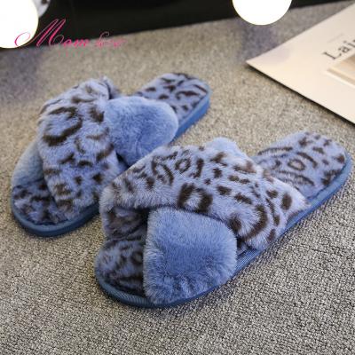 China Fashion Trend Winter Slippers Slips Leopard With Fur Slides Cheap Fluffy Women's Elastic Band Faux Fur Slippers for sale