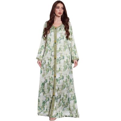 China AB223Good Elegant Developed Muslim Dress Women's Hijab Translucent Dresses Green Printing Price Long Sleeve Maxi Women Lady Dresses For Woman for sale