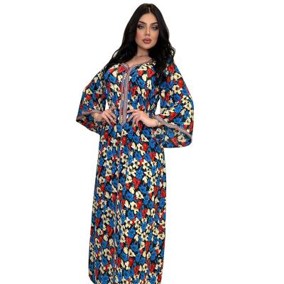 China AB244 Satin TRANSLUCENT Print Elegant Abaya Women Bats Dubai Viscous Islamic Clothing Fashion Women's Floral Dress Muslim Dresses For Women for sale