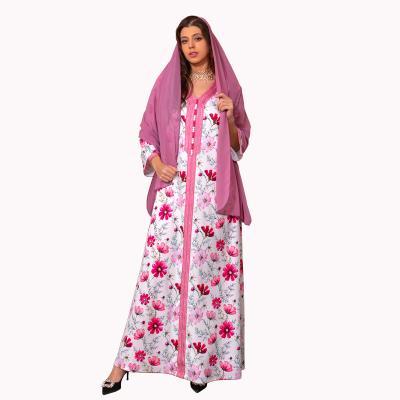 China AB27Pink TRANSLUCENT floral custom made traditional women plus size abaya summer dresses long muslim casual floral print dress women for sale