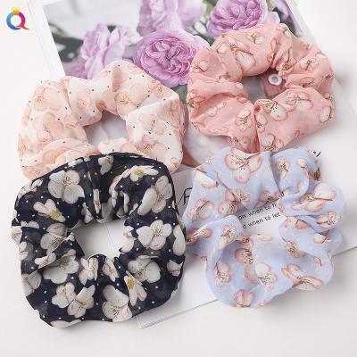 China Environmentally Friendly Cool Chiffon Scrunchies Hair Accessories Women Flower Printing Chiffon Fabric Ponytail Holder Hair Ties for sale