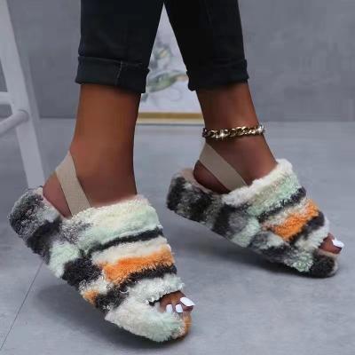 China CUSHIONING Open Toe Soft Big Size Home Slippers Fashion Back Women Winter Shoes Faux Plush Warm Strappy Bottom Thick Fur Tied Colorful Tint for sale