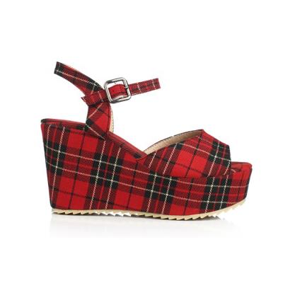 China Steel Toe 2020 New Summer Thick-Soled Ladies Toe Sandals Plaid Fabric Wedges Fish Mouth Shoes Foreign Trade Large Size Women's Shoes for sale