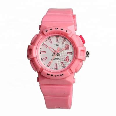 China Promotional Pink Plastic Watch One Year Warranty With Silicone Band for sale