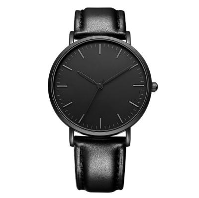 China Fashionable Quartz Mens Black Leather Watch 3 ATM Waterproof Black Plated for sale