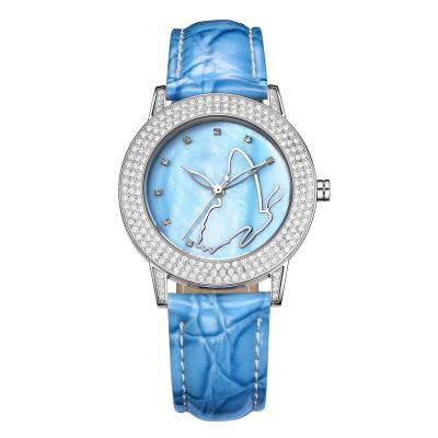 China Bule MOP Dial Womens Fashion Watch Stones Zinc Alloy Case With Leather Strap for sale