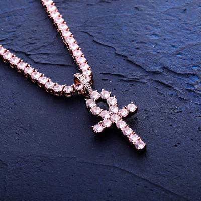 China Hiphop HIP HOP Rose Gold Pink Crystal Iced Out Hip Hop Cross Pendant Jewelry For Men's Wholesale Agent Current Iced Out Cross Pendant for sale