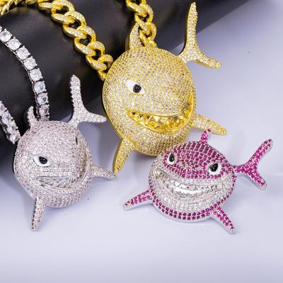 China High Quality Custom Hiphop Jewelry Hip Hop Cubic Zirconia Iced Out Diamond Large Shark Whale Necklace Jewelry Shark Pendant Necklace for sale