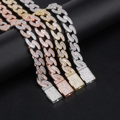 China Hiphop Drop Shipping NO MOQ 1 PC 14mm Baguette Big Cut Cuban Link Iced Out Authentic 18k Gold Miami Chain Neck Chain for sale