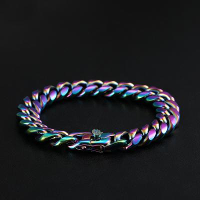 China Wholesale 10mm Cuban Link Cuban Bracelet Hip Hop Men Jewelry Stainless Steel Chain NO MOQ 1 PC Wholesale 10mm Hiphop Men's Rainbow Color Drop Shipping for sale