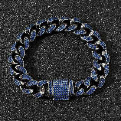 China Hiphop Drop Shipping NO MOQ 1 PC 8 Inch Hip Hop Jewelry Custom Black 12mm Plated Dark Blue CZ Diamond Iced Out Cuban Bracelet for sale