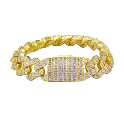 China Hiphop Hotsale 17mm 14k 5A Gold Plated CZ Iced Out Diamond Hip Hop Jewelry Cuban Link Bracelet for sale