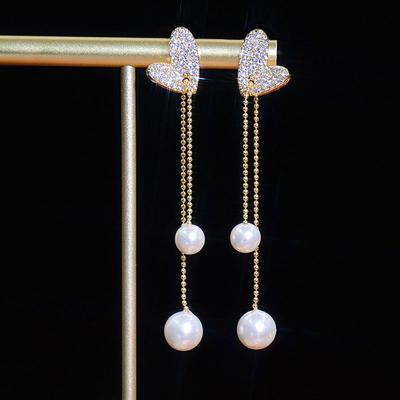 China FASHIONABLE Diamond Heart Earrings Luxury Temperament Pearl Engagement Tassels Exquisite Soft Exquisite Inlaid Earrings High Quality HY Long for sale