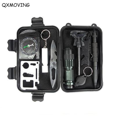 China For QXMOVING outdoor travel emergenty tactical survival kit 10 in 1 emergency survival outdoor camping hunting gear with waterproof box for sale