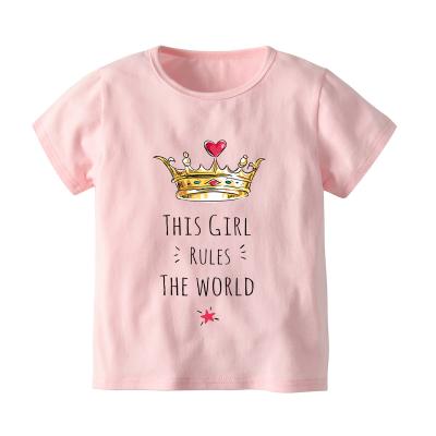 China Girls Anti Shrink Cute Pink T Shirts Crown Letter Printing Cute Pure Cotton Summer Clothing For Teens for sale