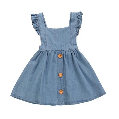 China OEM washable jeans dress sheer color dress for babies kids button up denim dresses ruffle sleeve for girl for sale