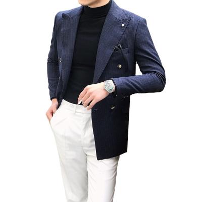 China New Design Anti-wrinkle Fashion Blazer Men Casual Double Breasted Striped One Piece Blazer With Patch Pockets for sale