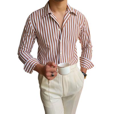 China 2021 Summer Business Men's Slim Stripe Collar Shirt Trend Long Sleeve British Cuban Shirt Fashion for sale