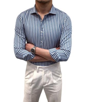 China Japanese Harajuku anti-pilling summer anti-pilling men's business gentleman stripe long slim sleeve top casual fashionable man for sale