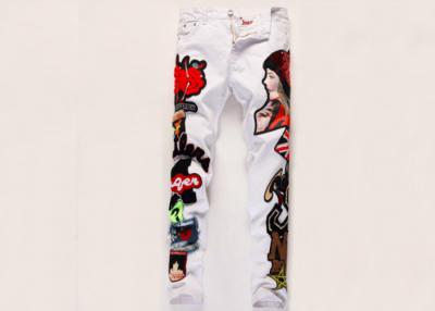 China Small Feet White Skinny Jeans Mens , Eco Flower Embroidered Jeans For Adults for sale