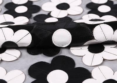 China Customization Embroidery PU Mesh Lace Fabric With Black And White Flower for sale