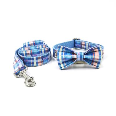 China Wholesale Blue Silvery Buckle Plaid Bow Tie Dog Accessories Luxury Padded Pet Collars And Leashes for sale