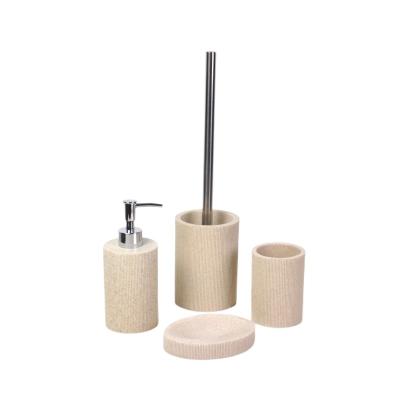 China Natrual Viable Wholesale Resin Home Hotel Washroom China Factory Beige Vertical Stripe Bathroom Accessories Set for sale