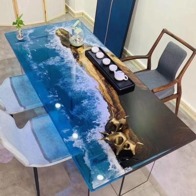 China Modern Resin River Blue Water Island Work Bar Epoxy Resin Slab Wood Kitchen Table for sale