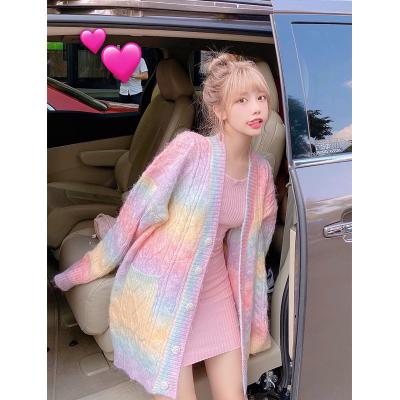 China 2021 New Spring And Autumn Wear Woolen Loose Knitwear Soft Cardigan Rainbow Sweater Breathable For Women for sale