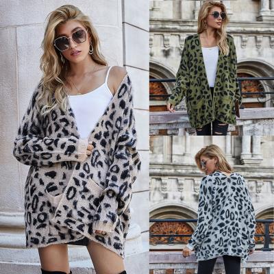 China Fashion Breathable Design Long Sleeve Loose Plus Size Leopard Print Knitwear Cardigan Women Sweater Lady Coat for sale