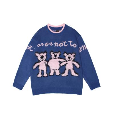 China Breathable Sweater Trend Loose Round Neck Pullover Cartoon Bear Embroidery Knit Sweater Men for sale