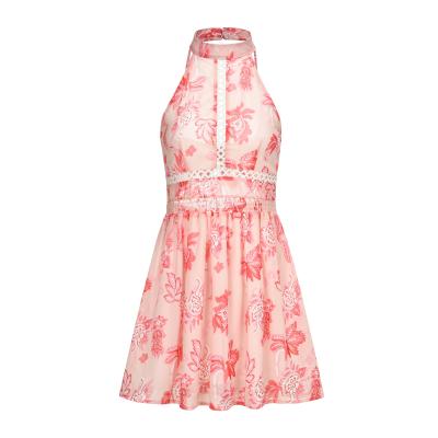 China Breathable Floral Print Beach Dress With Hanging Neck Holiday Lace Dress With Cut Out Waist - for sale