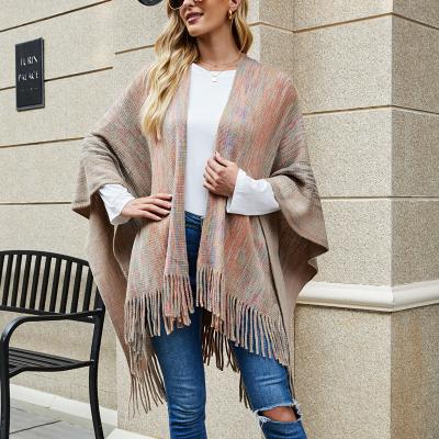 China Acrylic/Polyester 2022 Autumn New Winter Amazon Cashmere Coat Tassel Edge Knitted Woman Cardigan Shawl Striped for sale