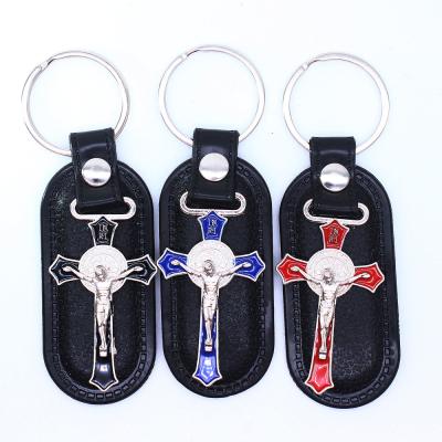 China 2021Spot Metal Jewelry Religious Gift Leather Cross Key Chain Pendant Ring Creative Gift for sale