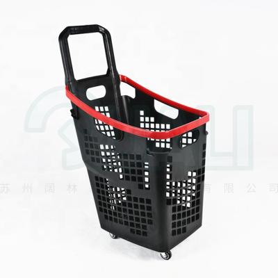 China Best Quality Wheeled Shopping Cart Supermarket Plastic Basket High Back Supermarket Basket for sale