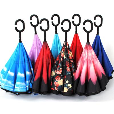 China Modern Hot Selling New Products Stock Custom Double Layer Inside Out C Shape Handle inverted Reverse Umbrella with logo prints for sale