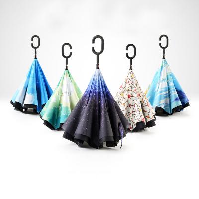 China Modern Wholesale Automatic Car Outdoor Double Layer Folding Reverse Inverted Umbrella With C Handle for sale