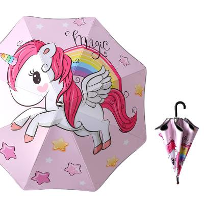 China Modern Water Magic Change Color Production Kids Umbrella Round Corner Reflective Strip Customer Kids Straight Umbrella with wheel for sale